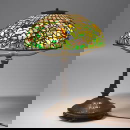 Tiffany Studios (American, 1892&#8211;1930) Bronze table lamp with Pansy shade