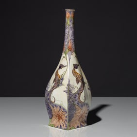 Samuel Schellink (painter) for Rozenburg c. 1901 Eggshell porcelain vase with polychrome seahorse