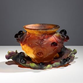 Daum 20th Century Pâte-De-Verre Les Figues (Figs) vase and tray