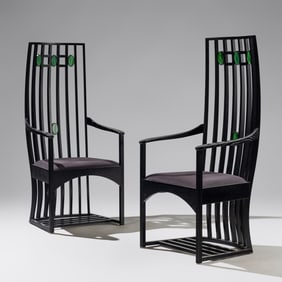 After Renee Mackintosh Italy, c. 1980 Pair of Cassina ebonized armchairs with slag glass inserts
