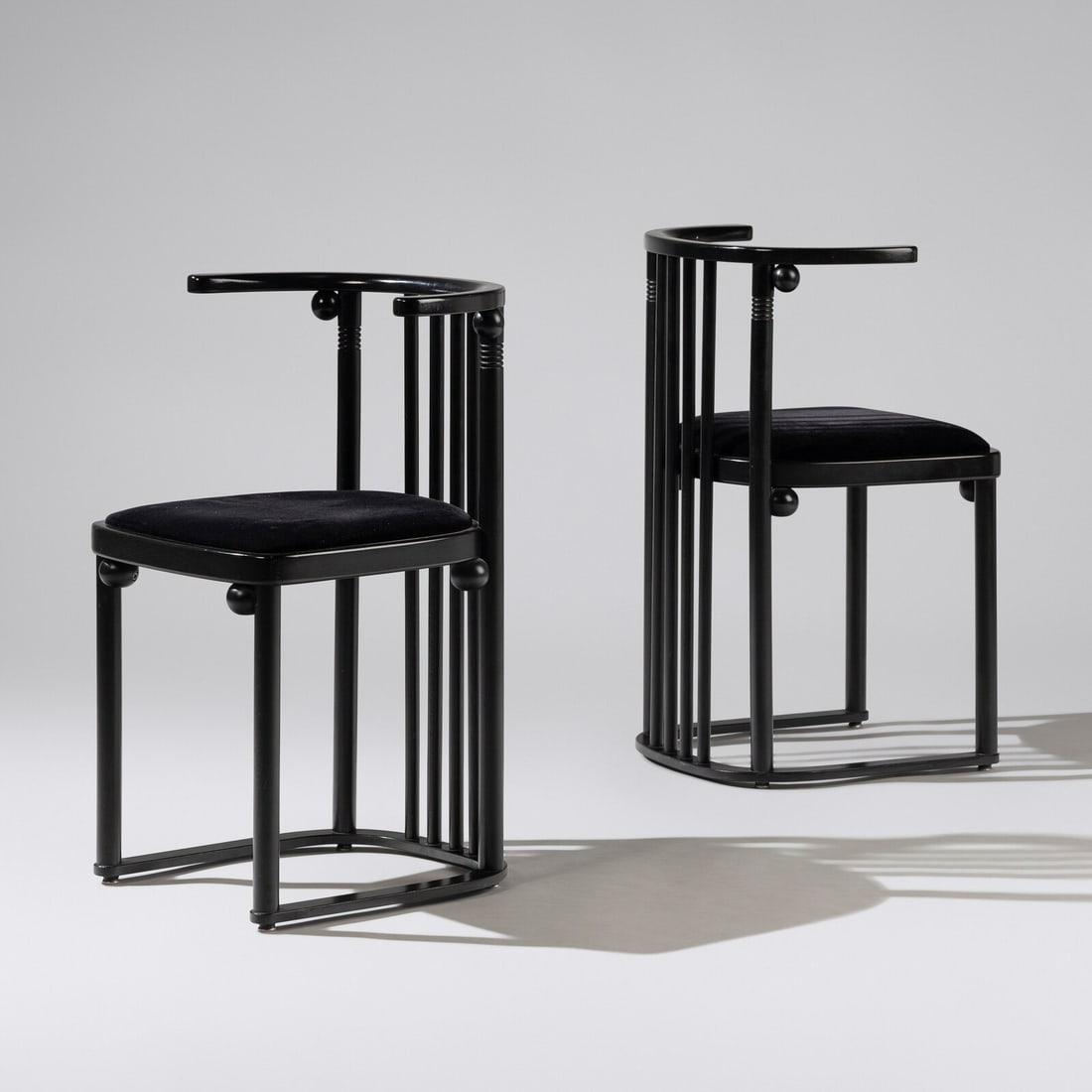 Josef Hoffman (Austrian, 1870–1956) Pair of Fledermaus chairsfor Thonet: Josef Hoffman (Austrian, 1870–1956) Pair of Fledermaus chairsfor Thonet lacquered wood, upholstery 29½ h × 19½ w × 19 d in (75 × 50 × 48 cm) literature: Josef