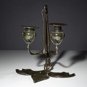 Tiffany Studios (American, 1878–1929) Fleur de Lis two-light candelabra with snuffer