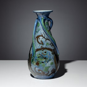 James Dewdney for CH Brannam Early 20th Century Three-handled vase with koi decor, 1907