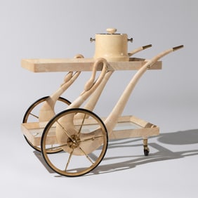 Aldo Tura (Italian, 1909–1963) Goatskin veneered Swan bar cart and ice bucket, c. 1958