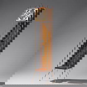 George Nelson & Associates (American, 1908-1986) Grandfather clock, model 2256 Howard Miller Clock: George Nelson & Associates (American, 1908-1986) Grandfather clock, model 2256 Howard Miller Clock Company, USA, 1958 brass, walnut, velvet, enameled aluminum partial impressed manufacturer's mark to