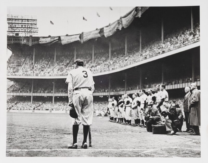 Nat Fein (American, 1914-2000) Babe Ruth (Babe Ruth from behind in baseball uniform), 1948; printed : Nat Fein (American, 1914-2000) Babe Ruth (Babe Ruth from behind in baseball uniform), 1948; printed later gelatin silver print signed in pencil, verso 10 x 12 3/4 inches. Property fr