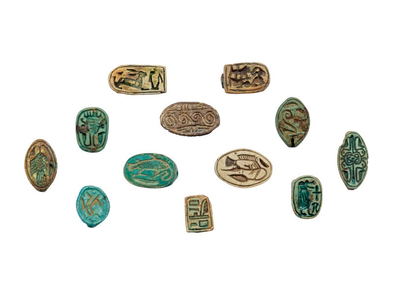 12 Egyptian Animal and Cowrie Shell Beads with Hieroglyphs (1 of 2)