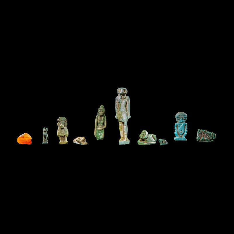 Ten Egyptian Faience and Carnelian Amulets (1 of 2)