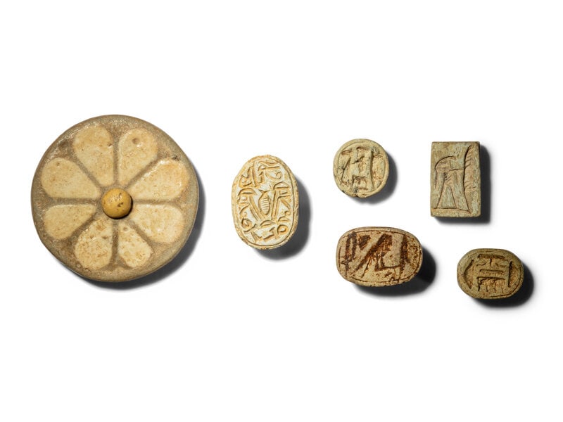 Five Egyptian Faience Seals and an Egyptian Faience Flower Rosette Inlay (1 of 2)