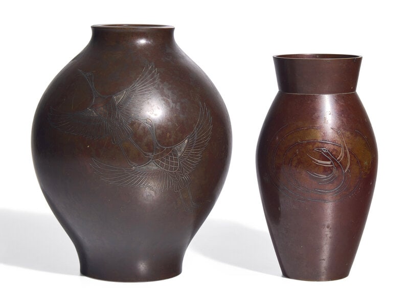 Two Japanese Silver Inlaid Bronze Vases (1 of 1)