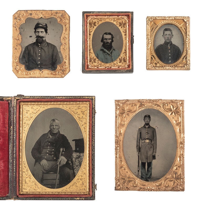 [MILITARIA]. 13 ambrotypes and tintypes of Civil War soldiers and other uniformed subjects.  (1 of 2)