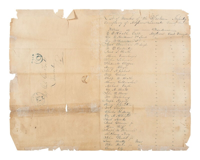 [MILITARIA]. Militia roll signed by Captain Emanuel D. Roath, later a commander at Gettysburg.: [MILITARIA]. Militia roll signed by Captain Emanuel D. Roath, later a commander at Gettysburg. ROATH, Captain Emanuel D. (1820-1907). "List of Members of the Jackson Infantry Company of Marytown Lanca