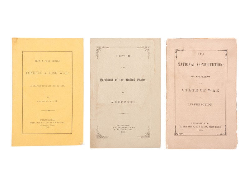 [CIVIL WAR]. A group of 3 scarce war-date publications. [With:] Post-war title. : [CIVIL WAR]. A group of 3 scarce war-date publications. [With:] Post-war title. [AGNEW, Daniel]. Our National Constitution: It's Adaptation to a State of War or Insurrection. Philadelphia: C. Sherm