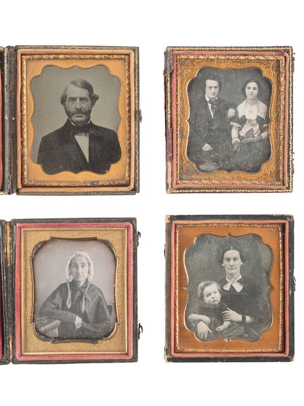 [EARLY PHOTOGRAPHY]. 16 daguerreotypes, ambrotypes, and tintypes of varying subjects.  (1 of 4)