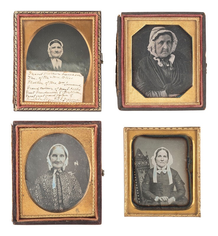 [EARLY PHOTOGRAPHY]. 29 sixth plate daguerreotypes of aged women. : [EARLY PHOTOGRAPHY]. 29 sixth plate daguerreotypes of aged women. Seated portrait of an elderly woman without teeth, wearing a ruffled bonnet, identified as "Grand Mother Samson" on accompanying paper