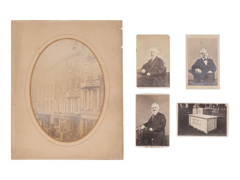 [EARLY PHOTOGRAPHY]. Group of photographs related to MCALLISTER & BRO. OPTICIANS, Philadelphia, PA. : [EARLY PHOTOGRAPHY]. Group of photographs related to MCALLISTER & BRO. OPTICIANS, Philadelphia, PA. 6 x 7 7/8 in. albumen photograph featuring a row of buildings on Chestnut Street, with signage d