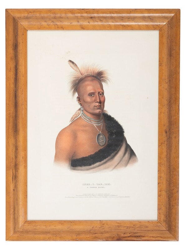 [MCKENNEY AND HALL]. Shar-I-Tar -Ish A Pawnee Chief.: [MCKENNEY AND HALL]. Shar-I-Tar -Ish A Pawnee Chief. BOWEN, J.T., lithographer and publisher. 1841. Lithographed portrait of Shar-I-Tar-Ish. 19 1/2 x 13 1/2 in. (sight), matted and framed, 24 x 18 in.