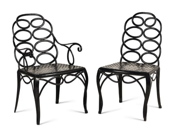 A Painted Metal Garden Armchair and Side Chair