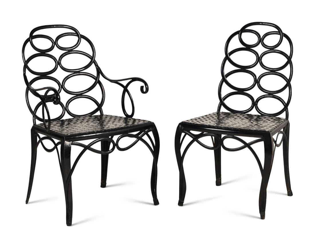 A Painted Metal Garden Armchair and Side Chair