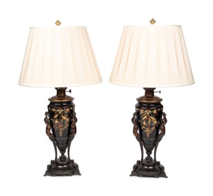 A Pair of Victorian Painted Glass and Cast Metal Amphorae Mounted as Lamps