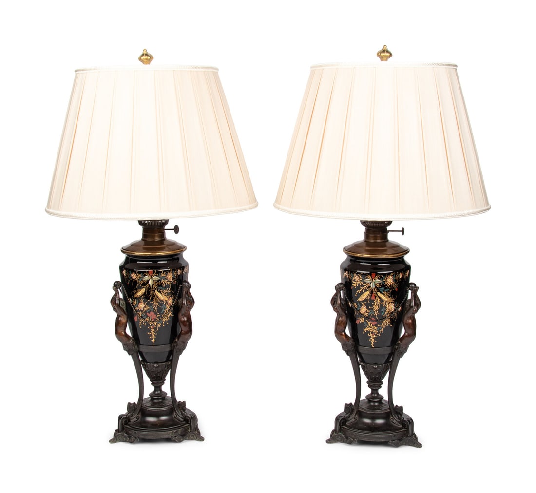 A Pair of Victorian Painted Glass and Cast Metal Amphorae Mounted as Lamps (1 of 18)