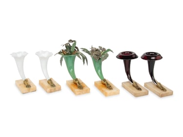 Three Pairs of Continental Gilt Metal Mounted Glass Rhyton Vases