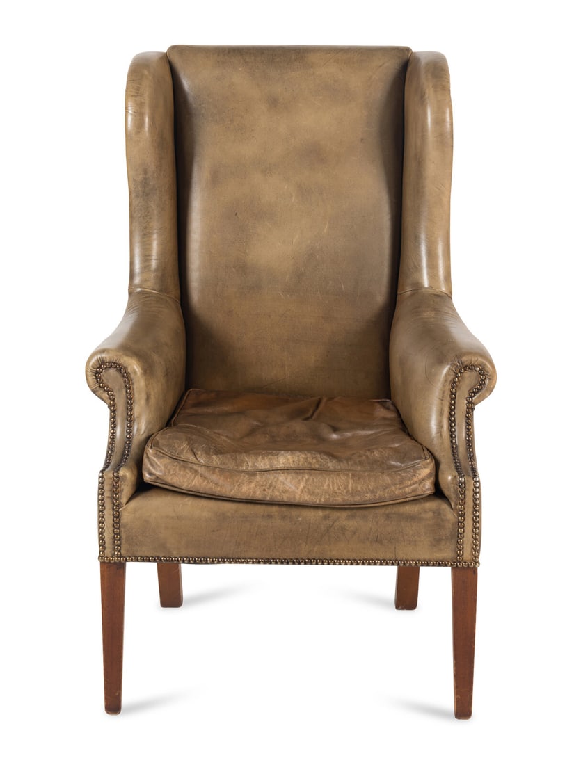 An English Mahogany Leather-Upholstered Wingback Armchair (1 of 19)