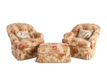 Two Chintz Slip-Covered Armchairs and an Ottoman