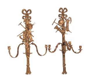 A Pair of Louis XVI Style Giltwood Three-Light Sconces