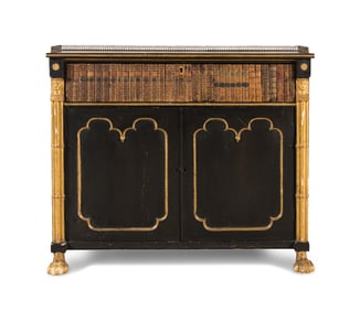 A Regency Black-Painted, Parcel-Gilt and Faux Book Front Cabinet