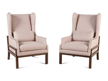 A Pair of Contemporary Stained Maple Wingback Chairs