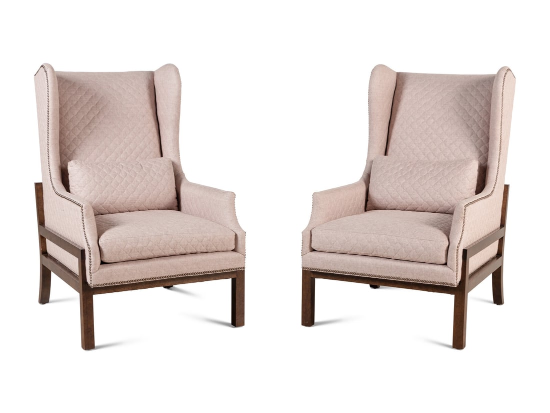 A Pair of Contemporary Stained Maple Wingback Chairs: A Pair of Contemporary Stained Maple Wingback Chairs 20th Century with mattelassé upholstery. Height 47 x width 26 x depth 34 inches. Property from Camp Rosemary, the Estate of Posy Krehbiel, Lak