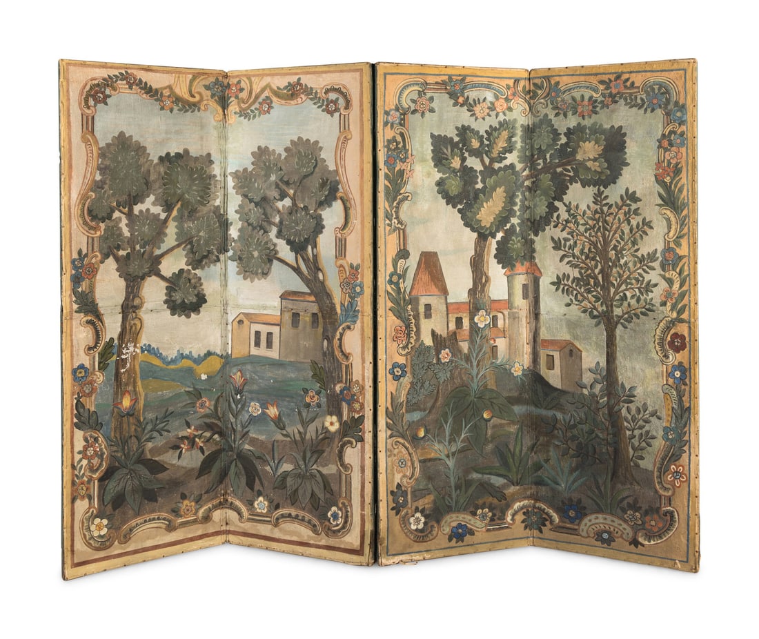A French Painted Canvas Four-Panel Floor Screen: A French Painted Canvas Four-Panel Floor Screen Late 18th/Early 19th Century Height 72 x width of each panel 24 inches. Property from Camp Rosemary, the Estate of Posy Krehbiel, Lake Forest, Illinois