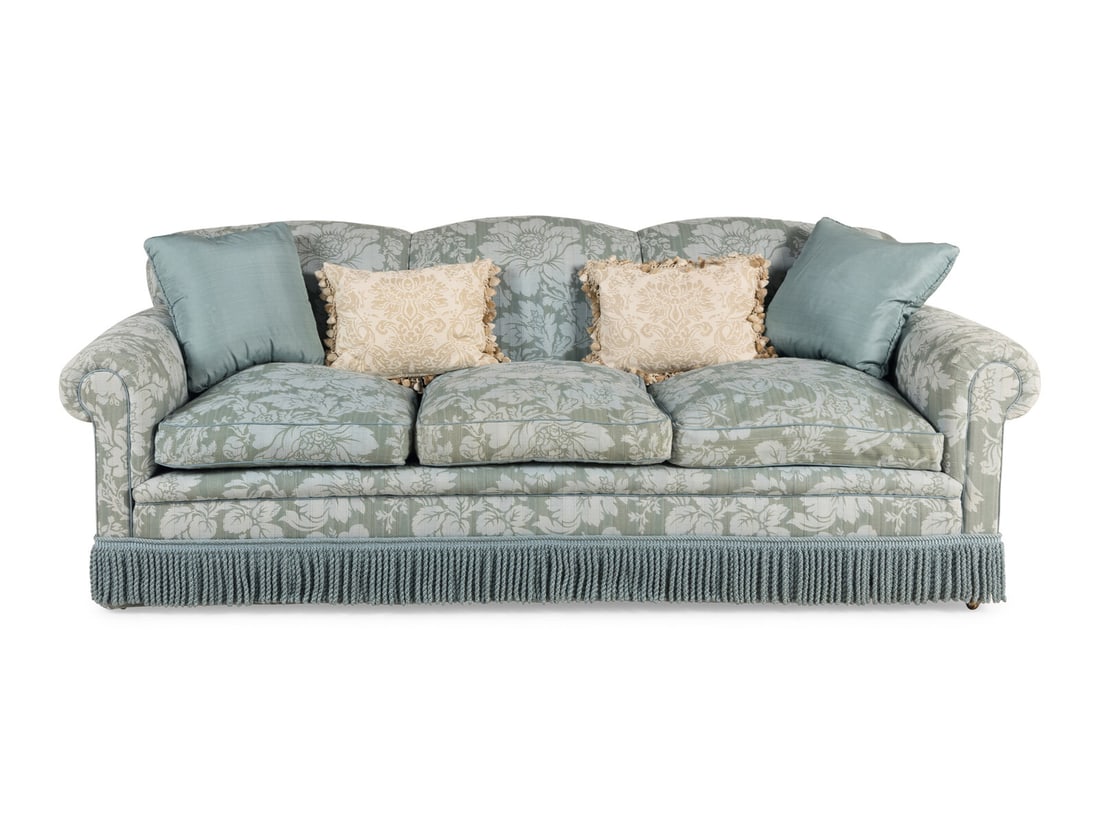 A Damask Upholstered Sofa with Buillon Fringe (1 of 18)