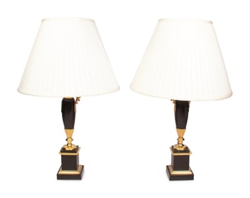 A Pair of Empire Style Painted and Parcel-Gilt Metal Lamps