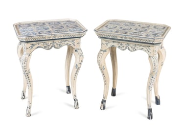 A Pair of Blue and White Painted Side Tables