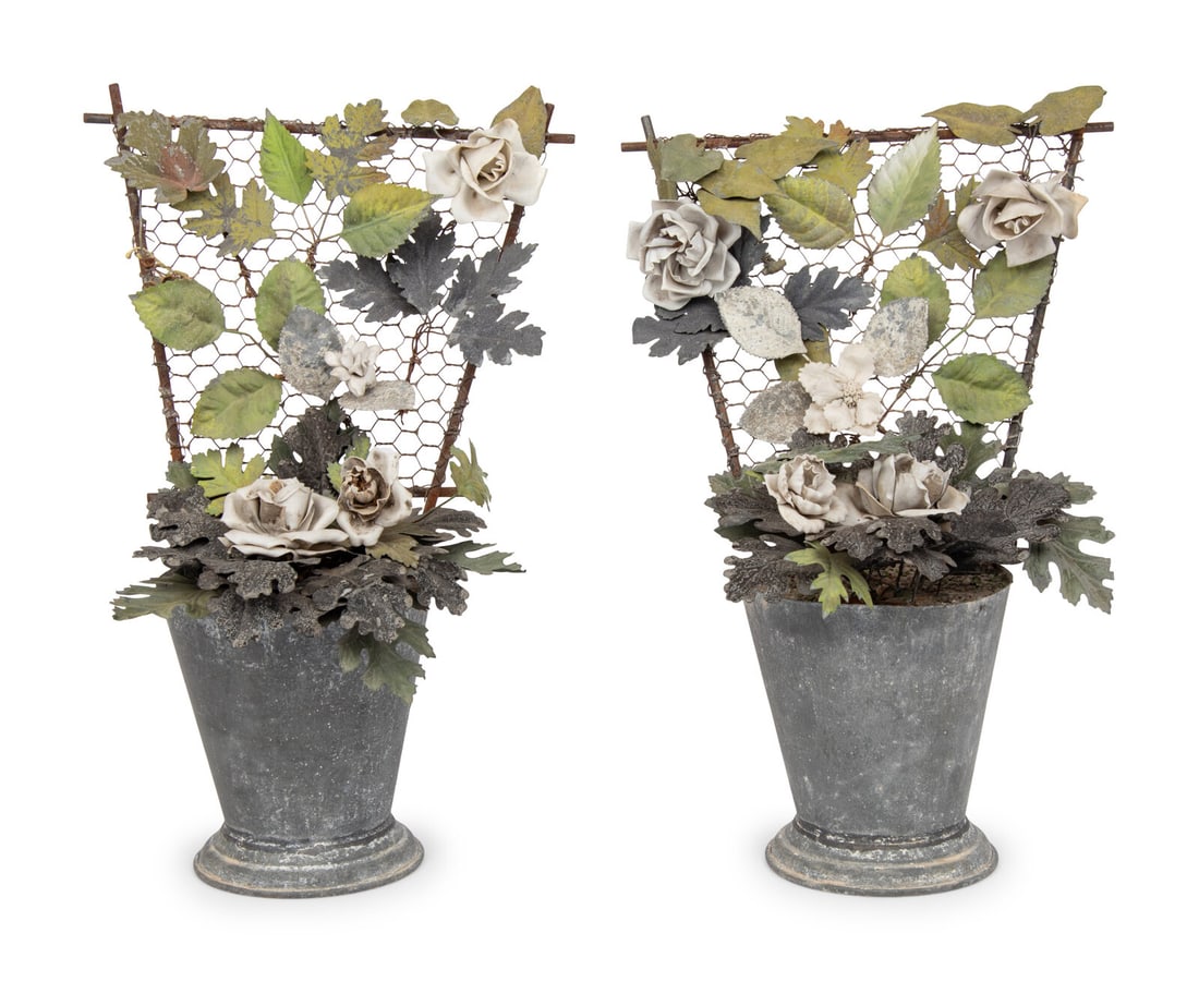 A Pair of Tôle and Porcelain Models of Flowering Trellises: A Pair of Tôle and Porcelain Models of Flowering Trellises 20th Century Height 18 1/2 x width 12 x depth 8 inches. Property from Camp Rosemary, the Estate of Posy Krehbiel, Lake Forest, Illinois