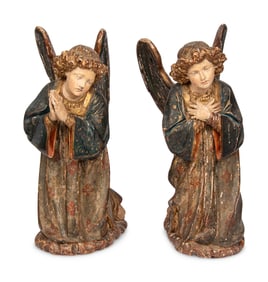 A Pair of Carved and Polychrome Decorated Figures of Kneeling Angels