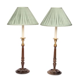 A Pair of Brass Mounted Mahogany Candlesticks
