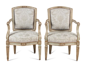 A Pair of Italian Neoclassical Painted and Parcel-Gilt Armchairs