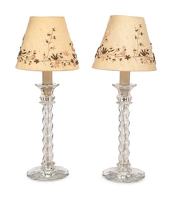 A Pair of Molded Glass Candlesticks Mounted as Lamps
