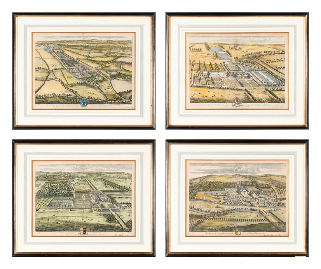 Johannes Kip (Dutch, circa 1653-1721) after Leonard Knyff (Dutch, 1650-1722) Four Plates from: Johannes Kip (Dutch, circa 1653-1721) after Leonard Knyff (Dutch, 1650-1722) Four Plates from Nouveau Theatre de la Grande Bretangne hand-colored engraving each engraved 'L. Knuff Def. / J. Kip Sculp.