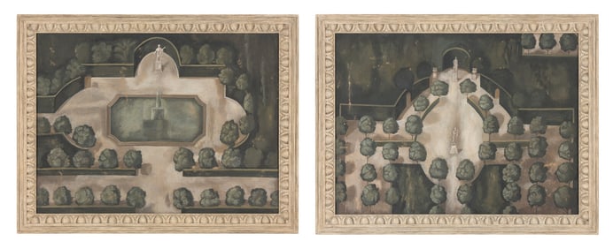 A Pair of Painted Panels Depicting Baroque Gardens