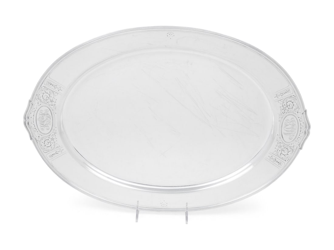 An American Silver Serving Tray: An American Silver Serving Tray Gorham Mfg. Co, Providence, RI, 20th Century marked 'Sterling' to underside 51 ozt 1 dwt Width 20 1/4 x depth 13 3/4 inches. Property from Camp Rosemary, the Estate of