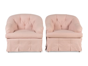 A Pair of Button-Tufted Barrel Back Armchairs