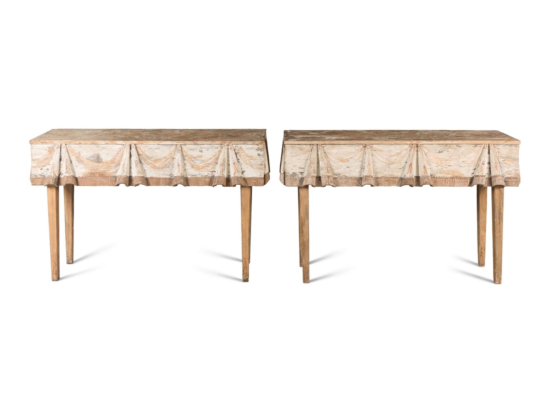 A Pair of Continental Trompe l'Oeil-Carved and Painted Console Tables: A Pair of Continental Trompe l'Oeil-Carved and Painted Console Tables 19th Century Height 36 x width 57 x depth 16 inches. Property from Camp Rosemary, the Estate of Posy Krehbiel, Lake Forest, Illino