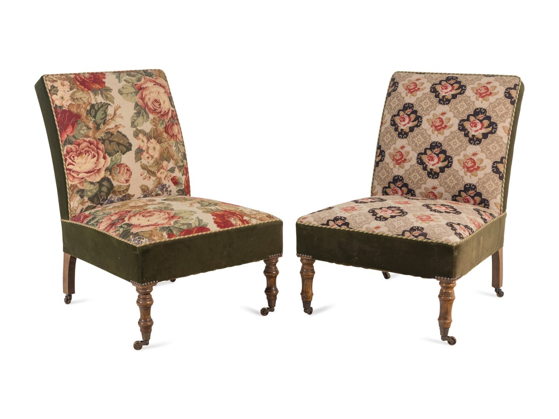 A Pair of Victorian Oak Slipper Chairs with Needlepoint Seats (1 of 19)