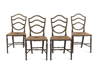 A Set of Four Stencil-Decorated Rush-Seat Side Chairs