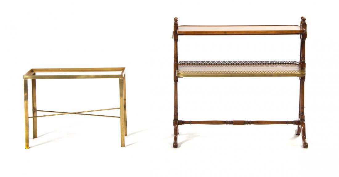 A Tiered Side Table, Height of taller 26 x width 25 1/2: A Tiered Side Table, the lower tier having a pierced brass gallery, turned supports and carved bracket feet joined by a turned stretcher, together with a brass stand lacking top. Height of taller 26 x