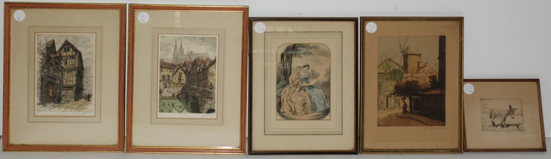 A Collection of Eight Handcolored Prints, Height of lar: A Collection of Eight Handcolored Prints, including four depicting outdoor scenes, one of two women in period costume reading and a donkey, together with others. Height of largest 10 1/2 x width 8 3/4
